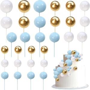 50x Blue/White/Gold Balloon Balls Birthday, Anniversary, Wedding Cake Toppers